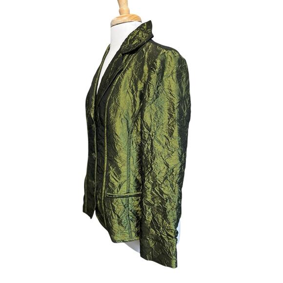 Chicos Blazer size 1 M Olive Green Crinkled Satin Metallic Evening Jacket - Picture 4 of 6